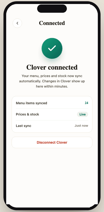 The merchant app's connected menu screen.