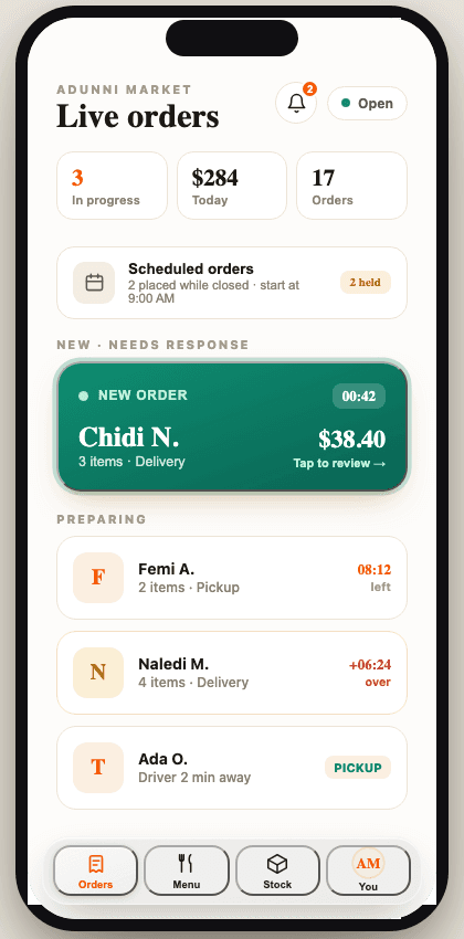 The ETNOWE merchant app's live orders screen.