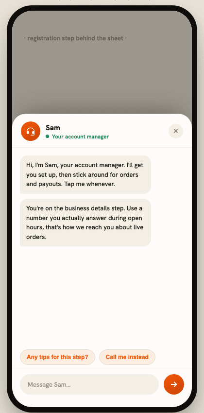 Sam, the ETNOWE AI account manager, inside the merchant app.
