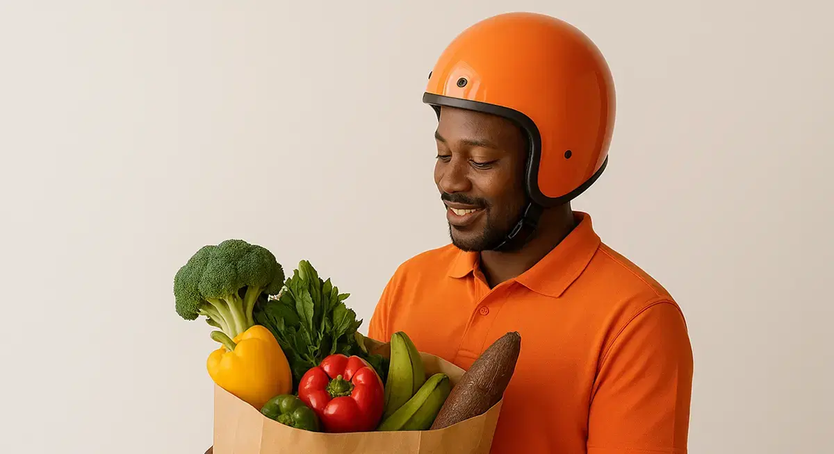 ETNOWE founder in orange delivery gear holding fresh groceries