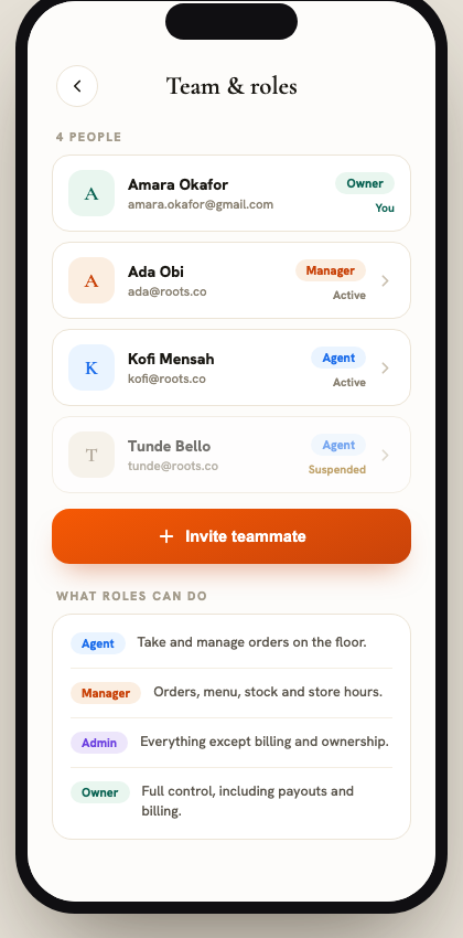 ETNOWE Merchant Release 5 teams and roles screen
